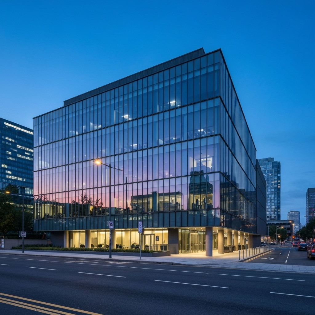 Modern Grade A office building with AI security systems